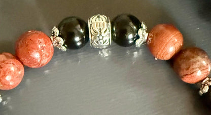 Red Jasper and Obsidian Gemstone Bracelet with Snake Charm.