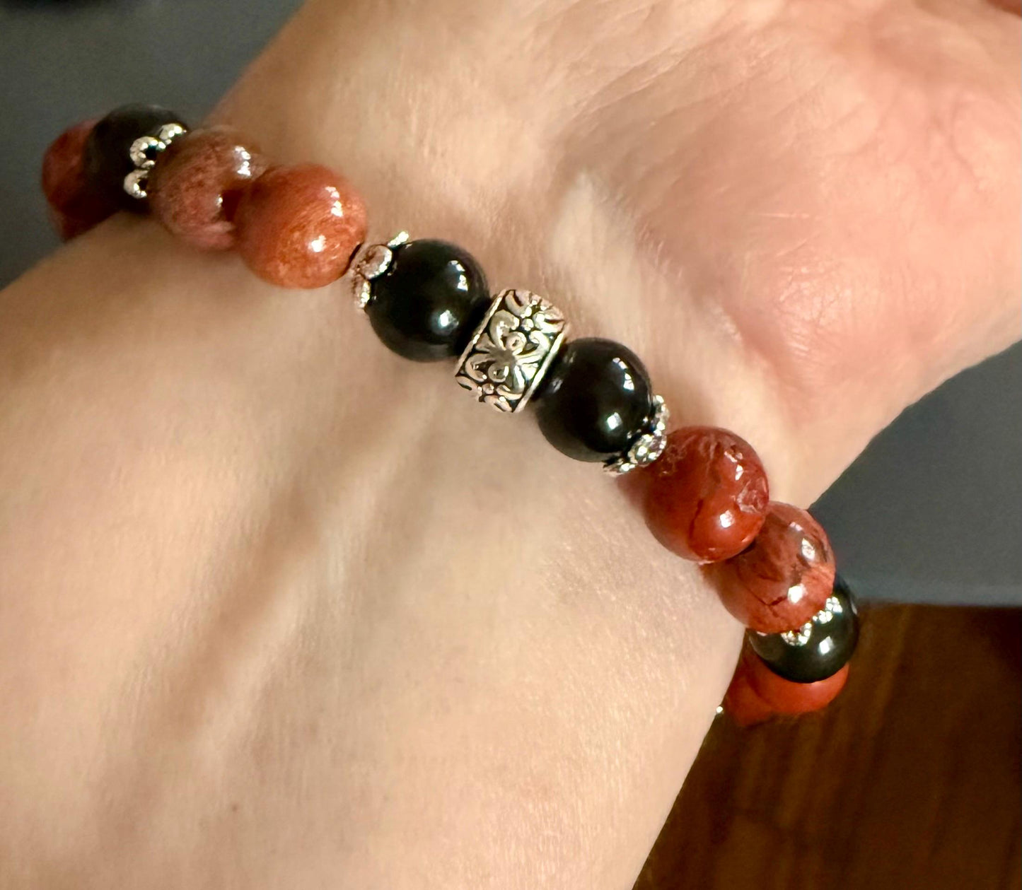 Red Jasper and Obsidian Gemstone Bracelet with Snake Charm.
