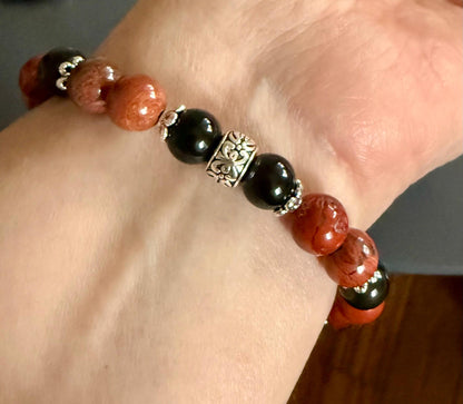 Red Jasper and Obsidian Gemstone Bracelet with Snake Charm.