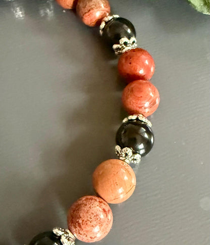 Red Jasper and Obsidian Gemstone Bracelet with Snake Charm.