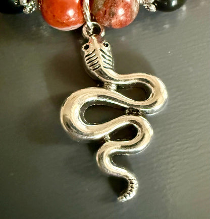 Red Jasper and Obsidian Gemstone Bracelet with Snake Charm.