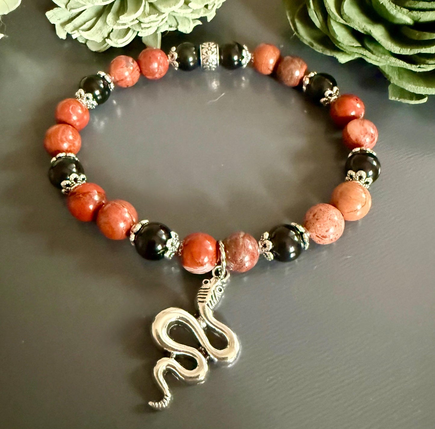 Red Jasper and Obsidian Gemstone Bracelet with Snake Charm.
