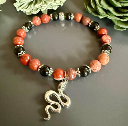 Red Jasper and Obsidian Gemstone Bracelet with Snake Charm.