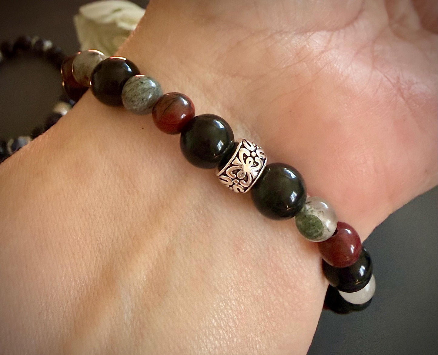 Dragon Bloodstone Jasper Bracelet with Pentacle Charm.