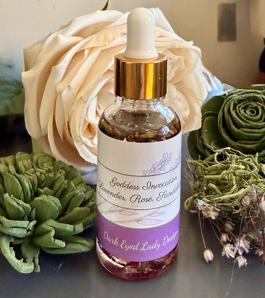 Goddess Invocation Ritual Anointing Oil with Essential Oils, Dried Rose and Lavender Petals.