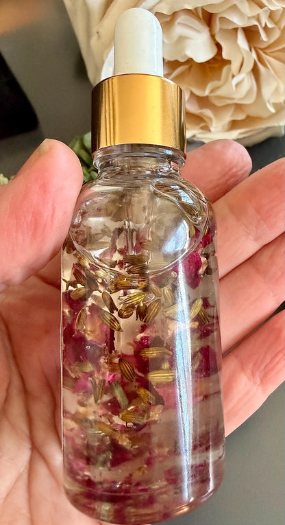 Goddess Invocation Ritual Anointing Oil with Essential Oils, Dried Rose and Lavender Petals.