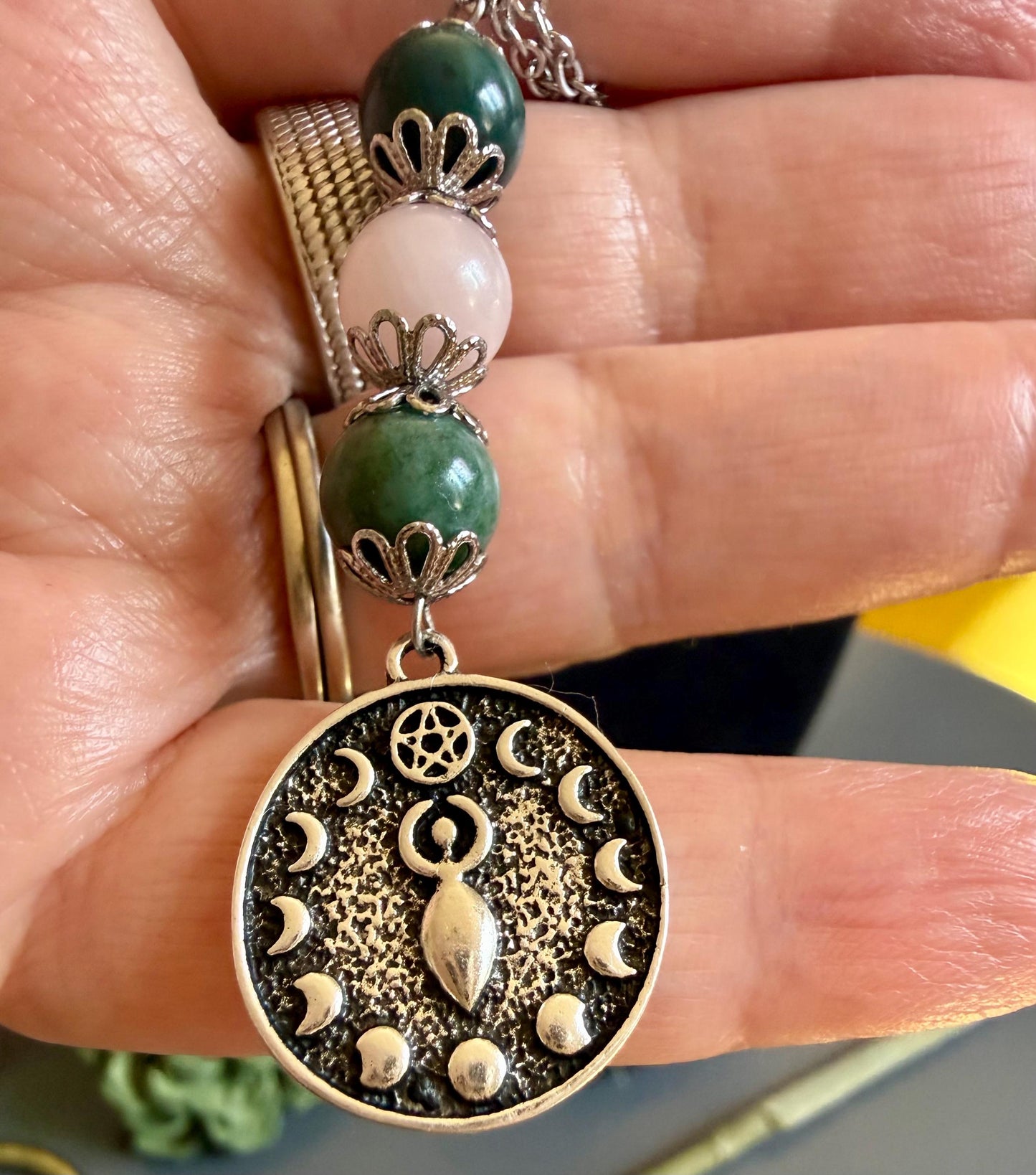Ostara Goddess Pendant Necklace with Moss Agate and Rose Quartz Beads.