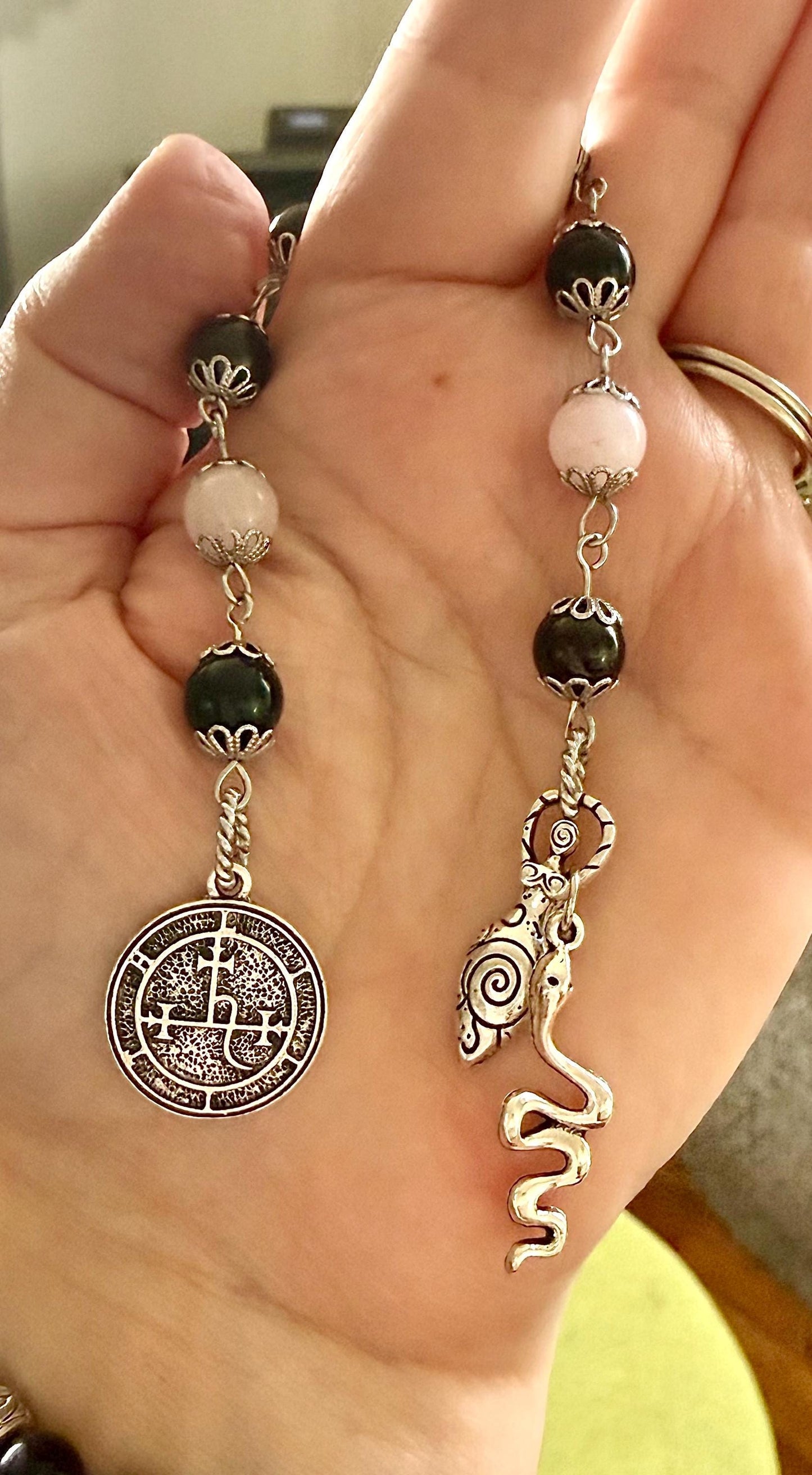 Goddess Lilith Sigil Devotional Prayer Beads:  Garnet, Obsidian, Rose Quartz Gemstones and  Snake Charm.