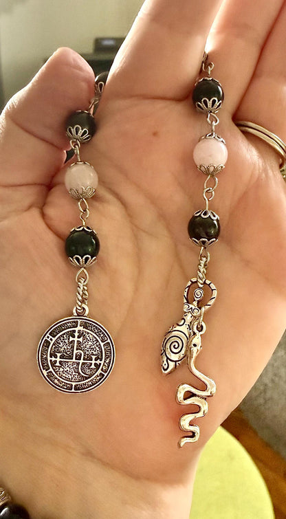 Goddess Lilith Sigil Devotional Prayer Beads:  Garnet, Obsidian, Rose Quartz Gemstones and  Snake Charm.
