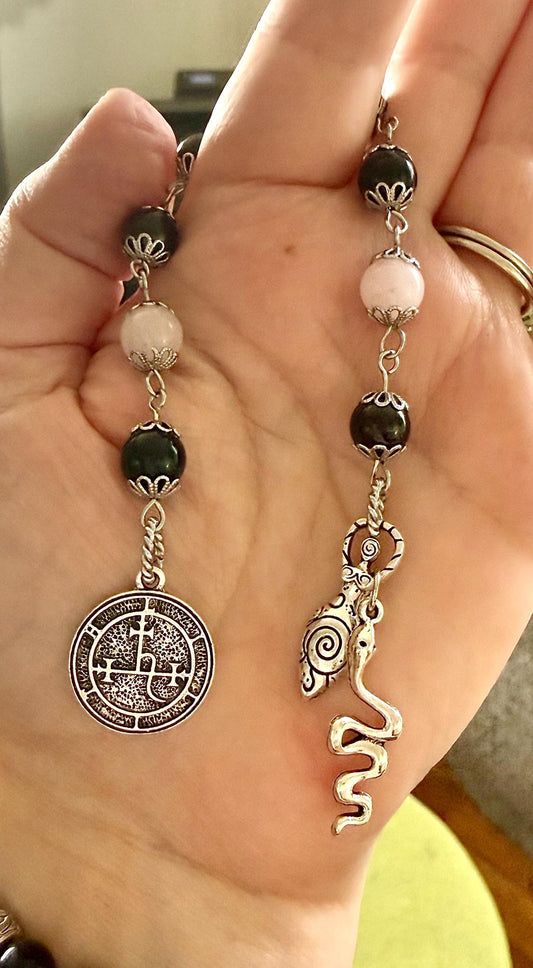 Goddess Lilith Sigil Devotional Prayer Beads:  Garnet, Obsidian, Rose Quartz Gemstones and  Snake Charm.
