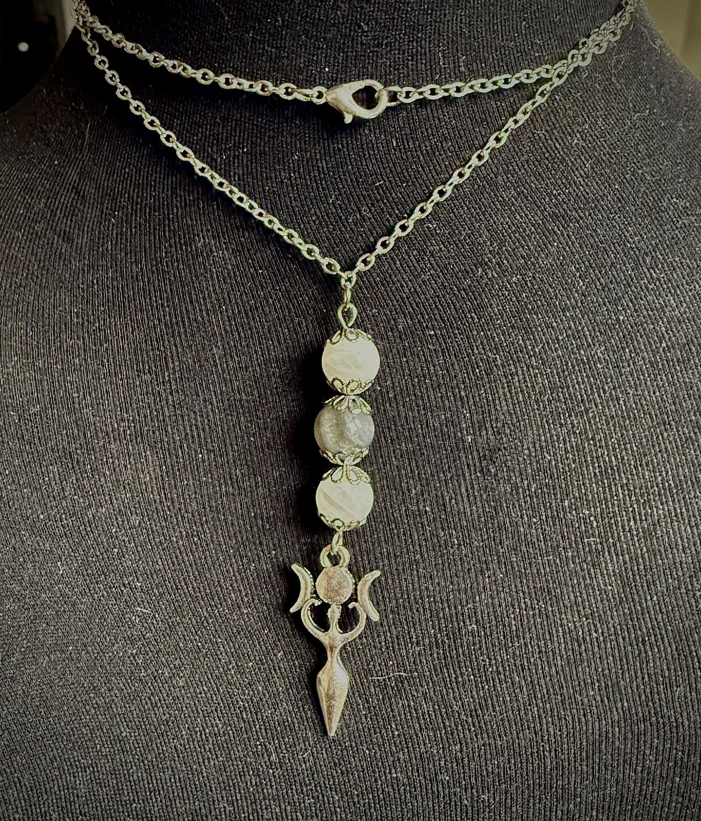 Triple Moon Goddess Pendant Necklace with Labradorite and Moonstone Beads.
