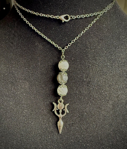 Triple Moon Goddess Pendant Necklace with Labradorite and Moonstone Beads.