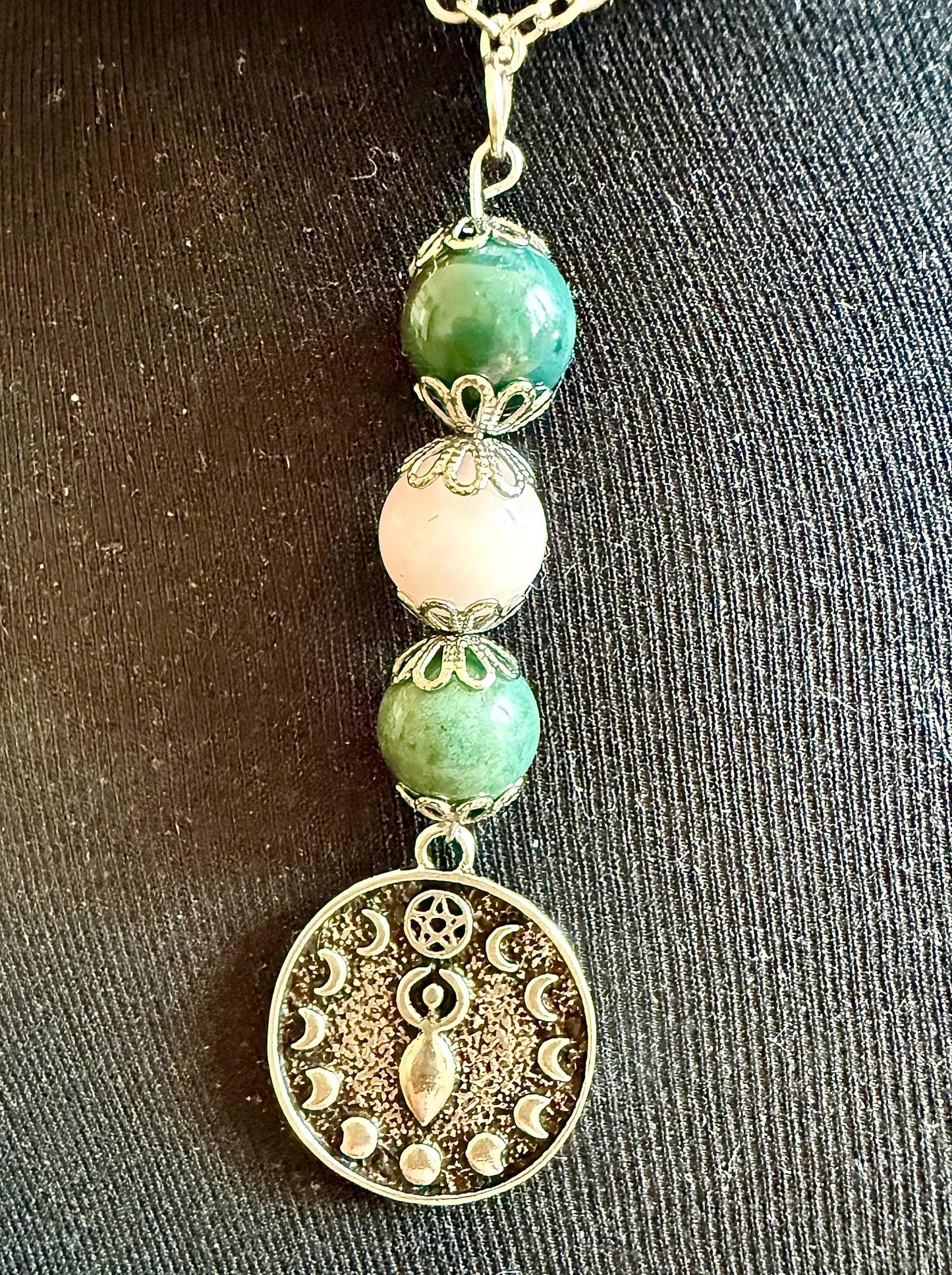 Ostara Goddess Pendant Necklace with Moss Agate and Rose Quartz Beads.