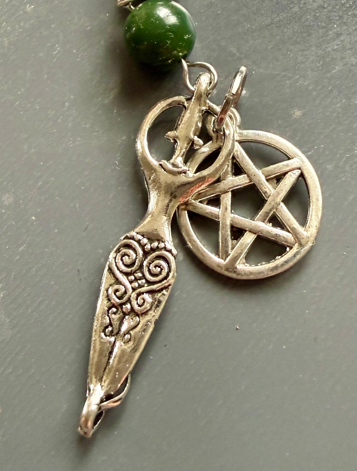 Witches Knot Moss Agate & Obsidian Pagan Prayer Beads with Goddess and Pentacle Charms.