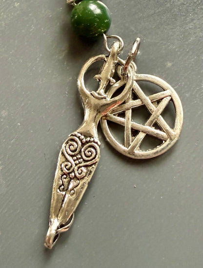 Witches Knot Moss Agate & Obsidian Pagan Prayer Beads with Goddess and Pentacle Charms.