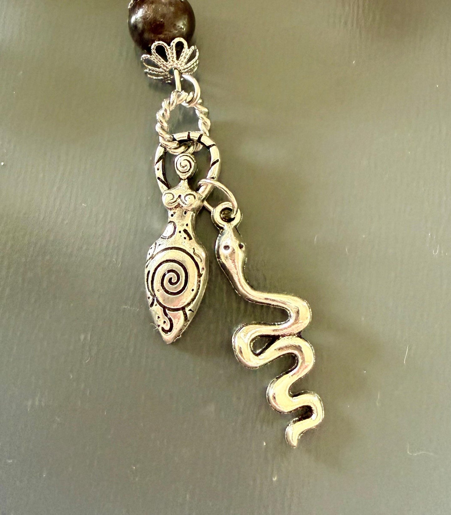 Goddess Lilith Sigil Devotional Prayer Beads:  Garnet, Obsidian, Rose Quartz Gemstones and  Snake Charm.