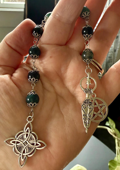 Witches Knot Moss Agate & Obsidian Pagan Prayer Beads with Goddess and Pentacle Charms.