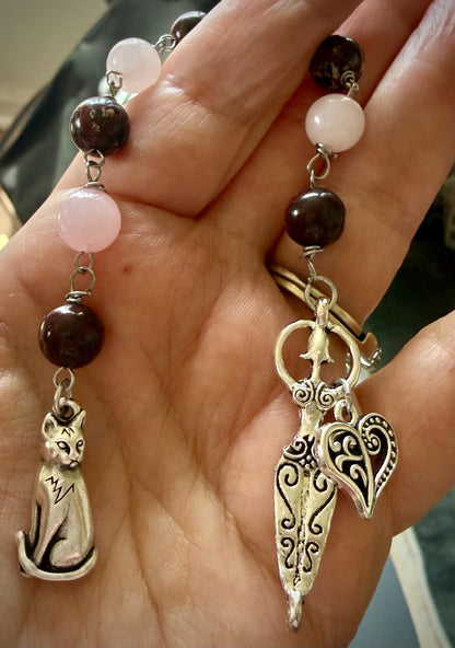 Goddess Freyja Devotional Prayer Beads, Red Jasper, Rose Quartz, Cat and Heart Charms.