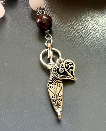 Goddess Freyja Devotional Prayer Beads, Red Jasper, Rose Quartz, Cat and Heart Charms.