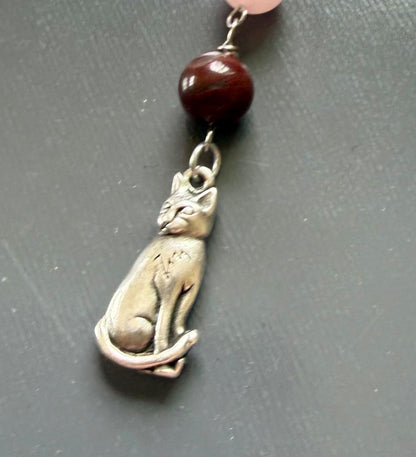 Goddess Freyja Devotional Prayer Beads, Red Jasper, Rose Quartz, Cat and Heart Charms.