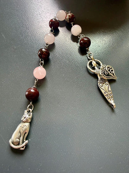 Goddess Freyja Devotional Prayer Beads, Red Jasper, Rose Quartz, Cat and Heart Charms.