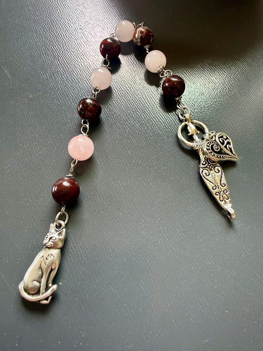 Goddess Freyja Devotional Prayer Beads, Red Jasper, Rose Quartz, Cat and Heart Charms.