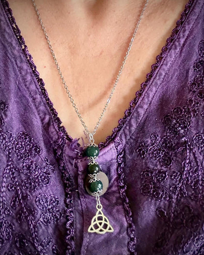 Celtic Triquetra Pendant Necklace with Moss Agate and Obsidian Beads.
