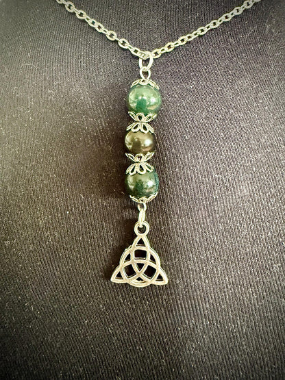 Celtic Triquetra Pendant Necklace with Moss Agate and Obsidian Beads.