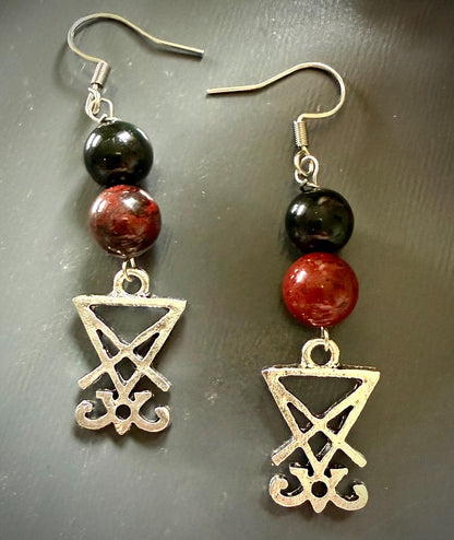 Lucifer Sigil  Earrings with Red Jasper and Obsidian.