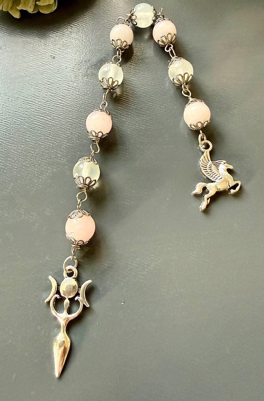 Goddess Selene Devotional Prayer Beads: Selenite, Rose Quartz, Triple Moon Goddess, and Pegasus Charms.