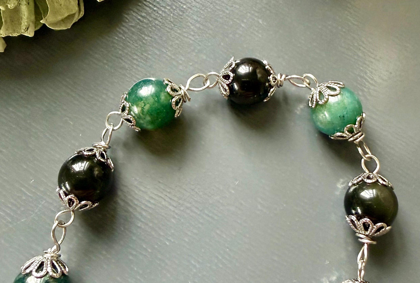 Witches Knot Moss Agate & Obsidian Pagan Prayer Beads with Goddess and Pentacle Charms.