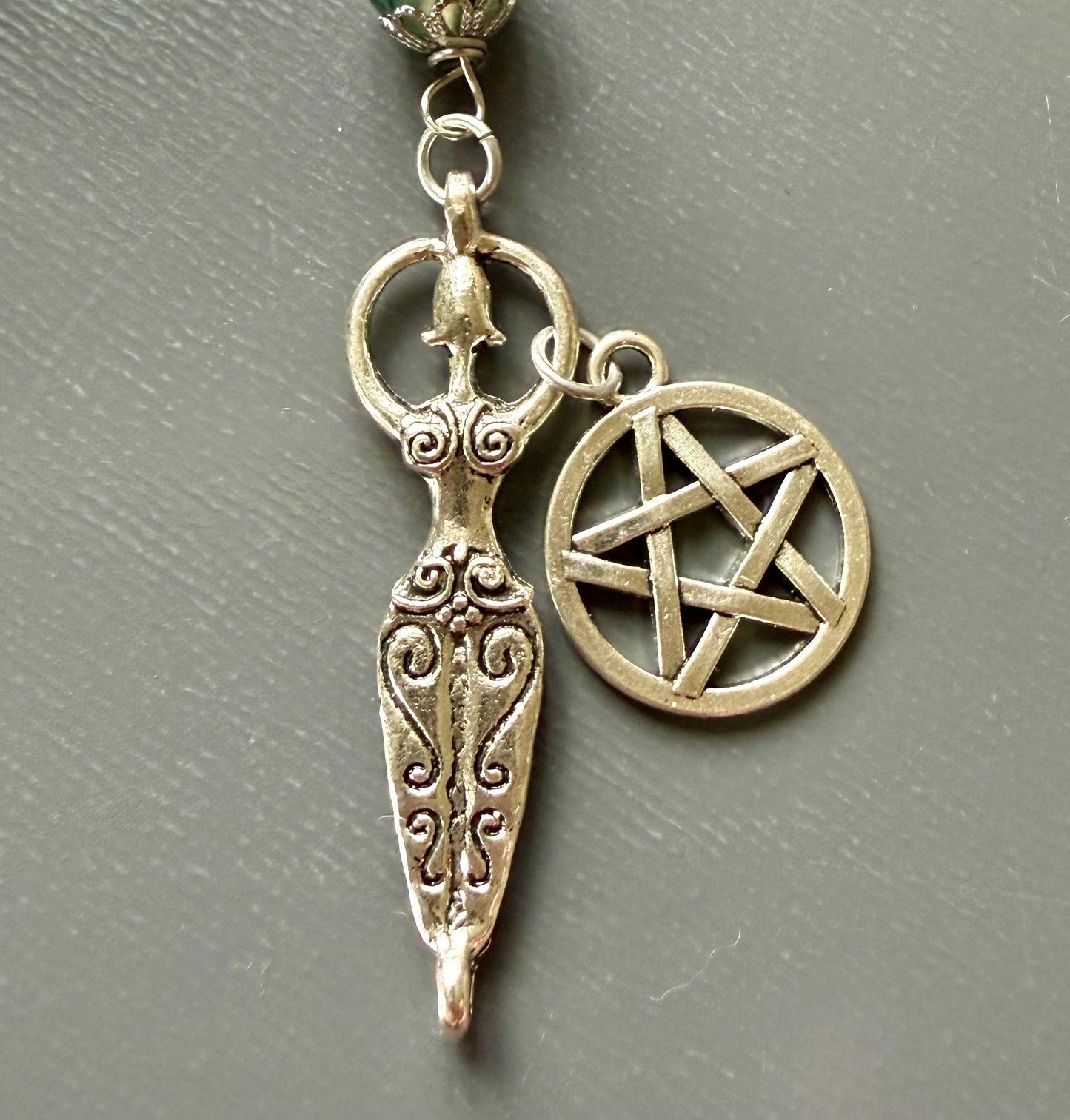 Witches Knot Moss Agate & Obsidian Pagan Prayer Beads with Goddess and Pentacle Charms.