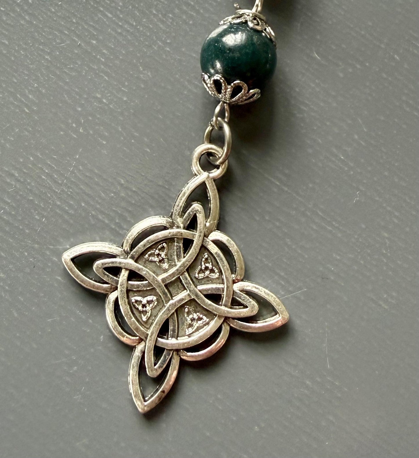 Witches Knot Moss Agate & Obsidian Pagan Prayer Beads with Goddess and Pentacle Charms.