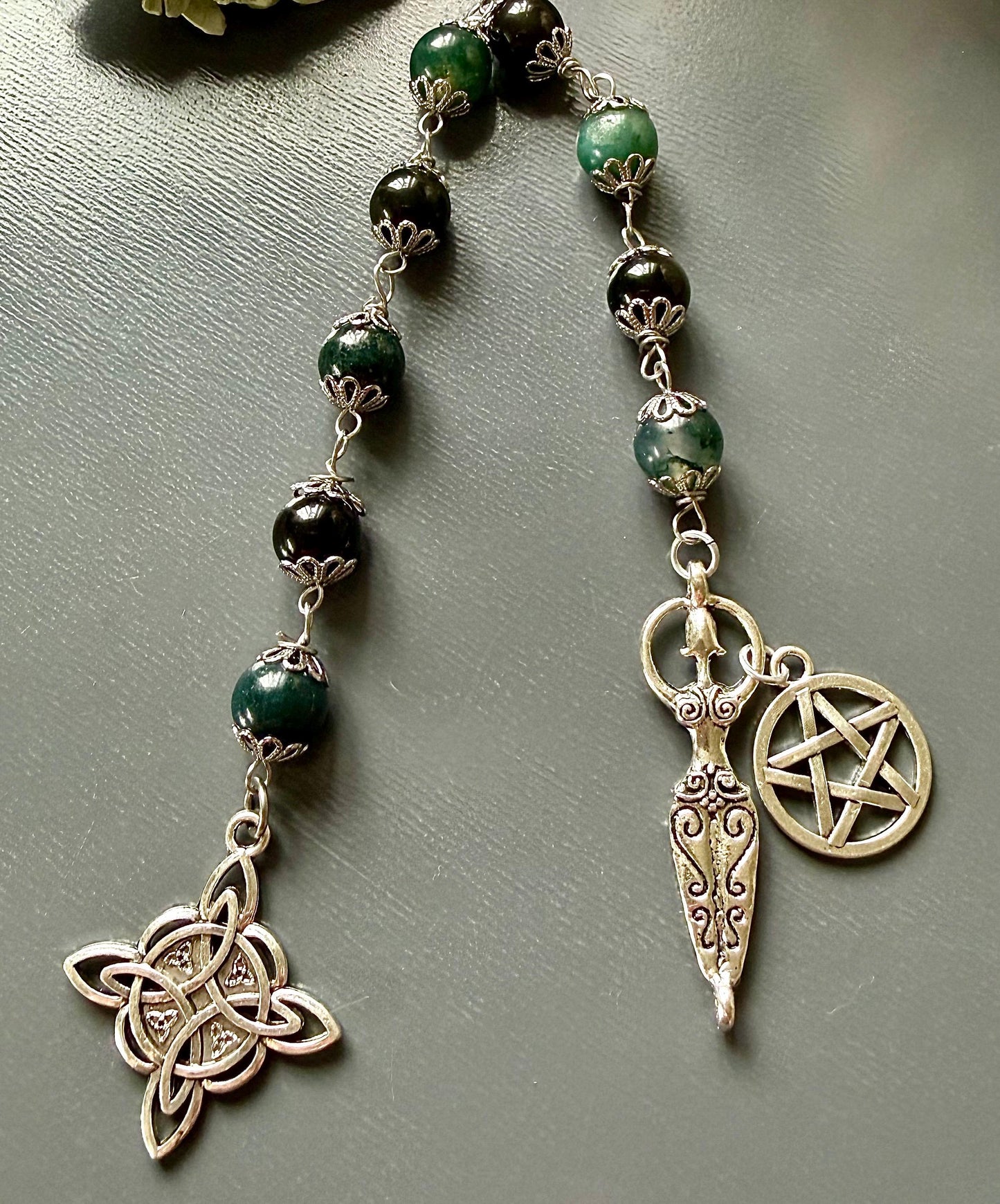 Witches Knot Moss Agate & Obsidian Pagan Prayer Beads with Goddess and Pentacle Charms.