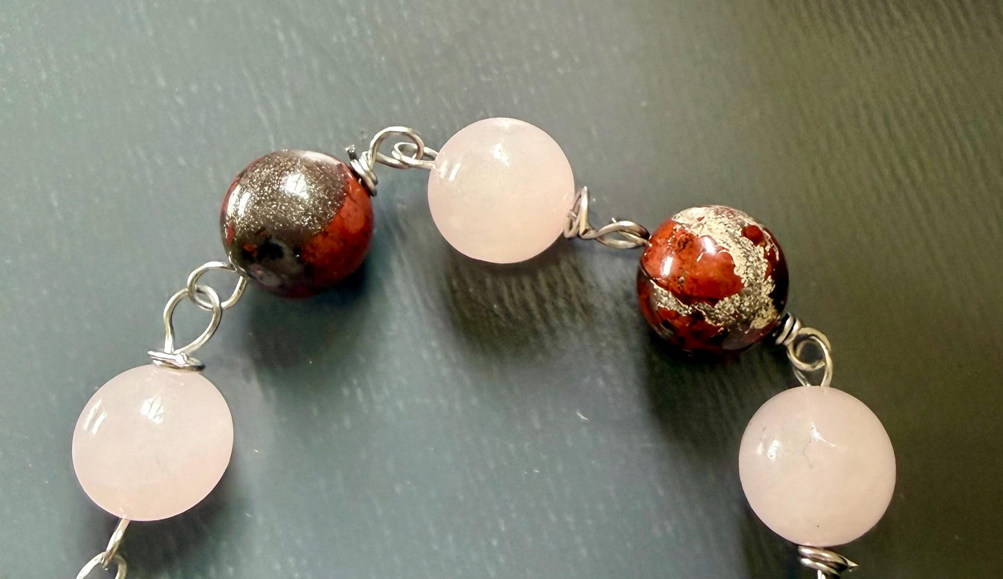 Goddess Freyja Devotional Prayer Beads, Red Jasper, Rose Quartz, Cat and Heart Charms.