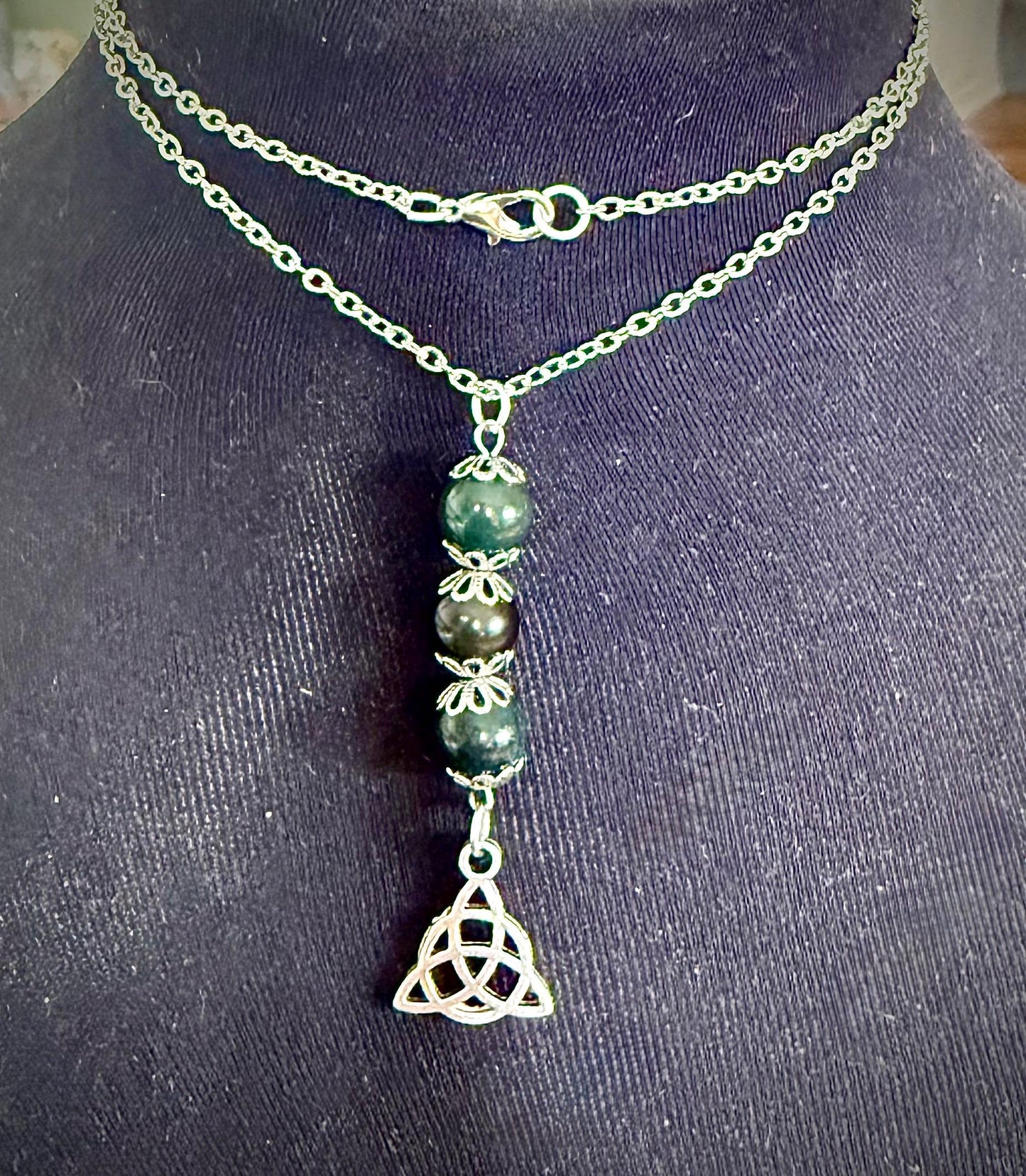 Celtic Triquetra Pendant Necklace with Moss Agate and Obsidian Beads.