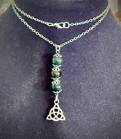 Celtic Triquetra Pendant Necklace with Moss Agate and Obsidian Beads.