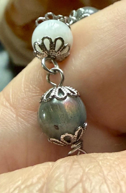 Labradorite Moonstone Pagan or Witchcraft Prayer Beads:  Witches Knot, Goddess, and Moon Charm.