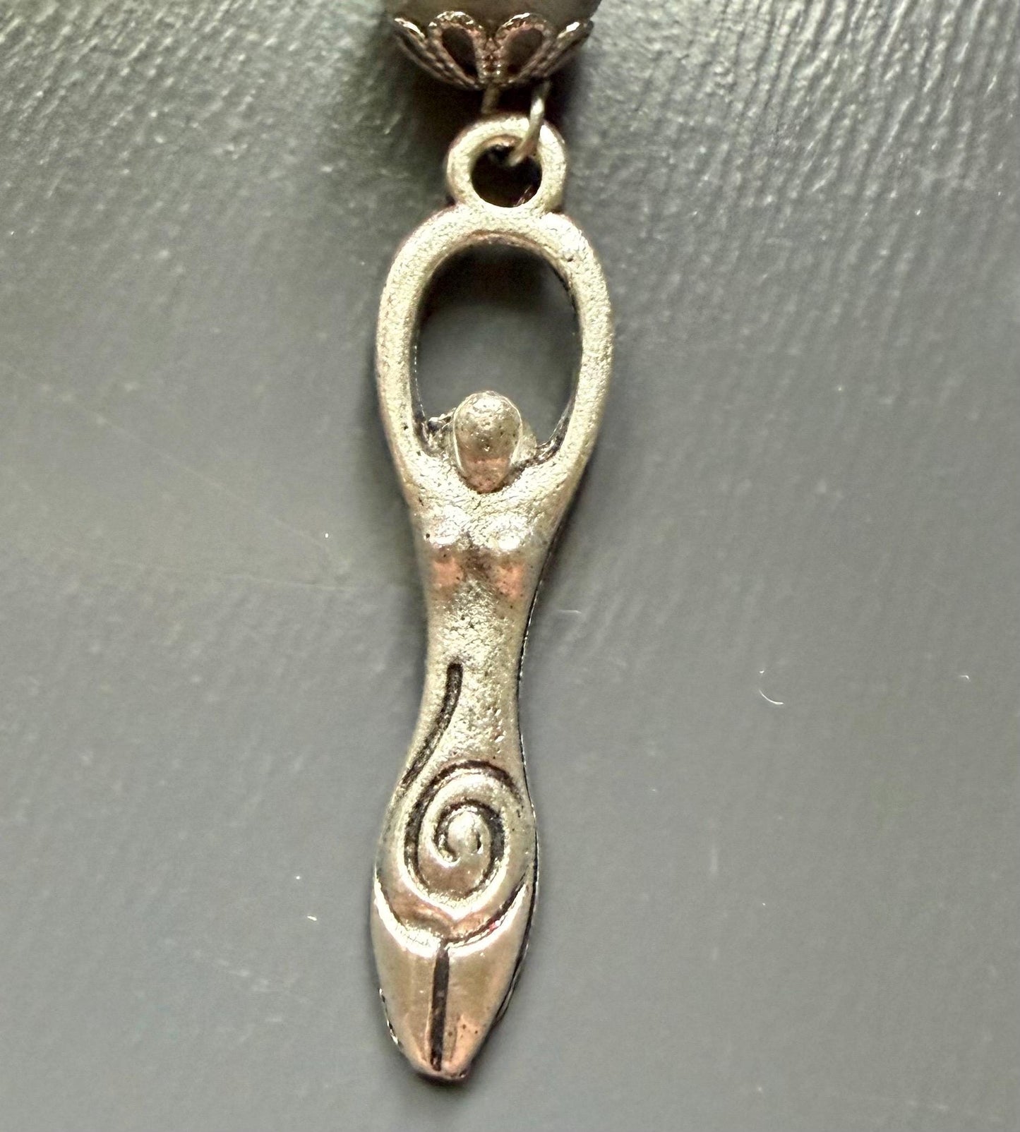 Spiral Goddess Charm Earrings with Labradorite Beads.