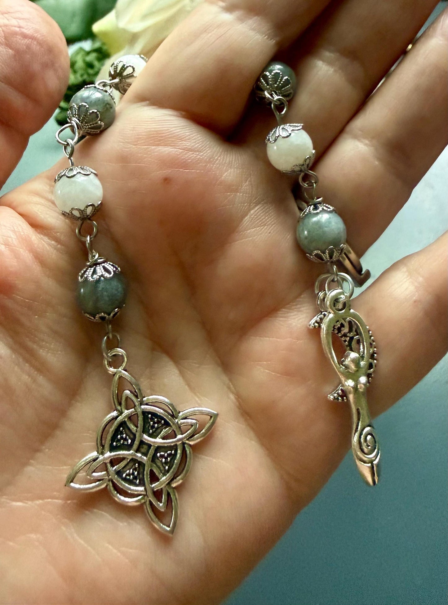 Labradorite Moonstone Pagan or Witchcraft Prayer Beads:  Witches Knot, Goddess, and Moon Charm.