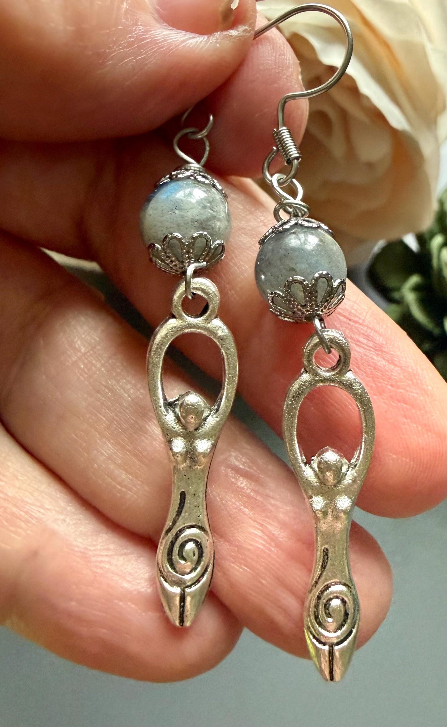 Spiral Goddess Charm Earrings with Labradorite Beads.
