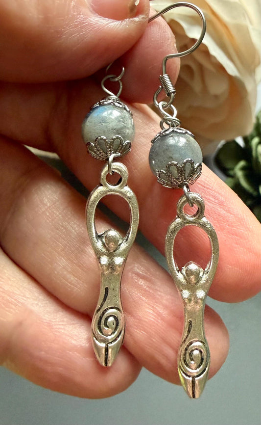 Spiral Goddess Charm Earrings with Labradorite Beads.