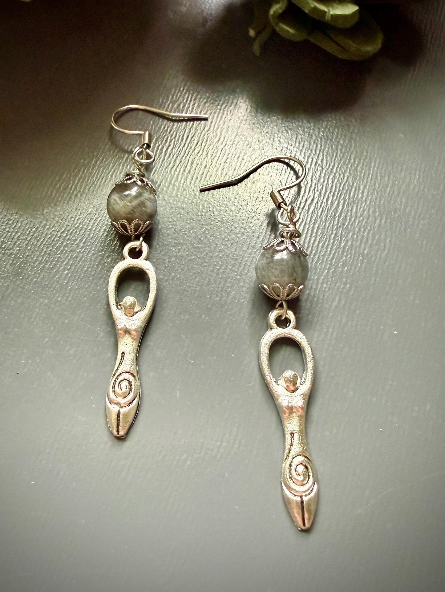 Spiral Goddess Charm Earrings with Labradorite Beads.