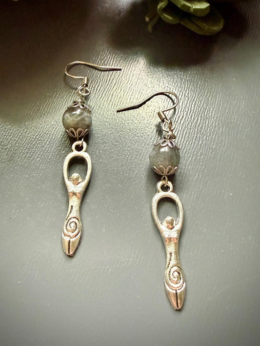 Spiral Goddess Charm Earrings with Labradorite Beads.