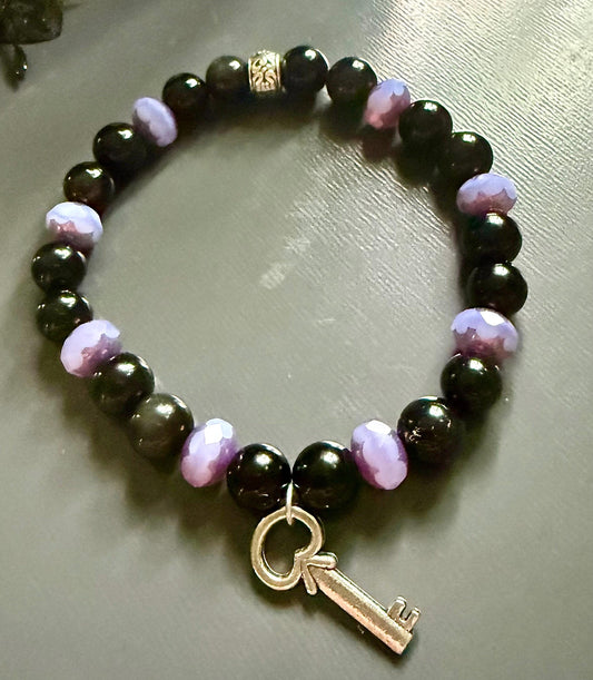 Hekate Bracelet with Black Obsidian Gemstones and Purple Iridescent Glass Beads.