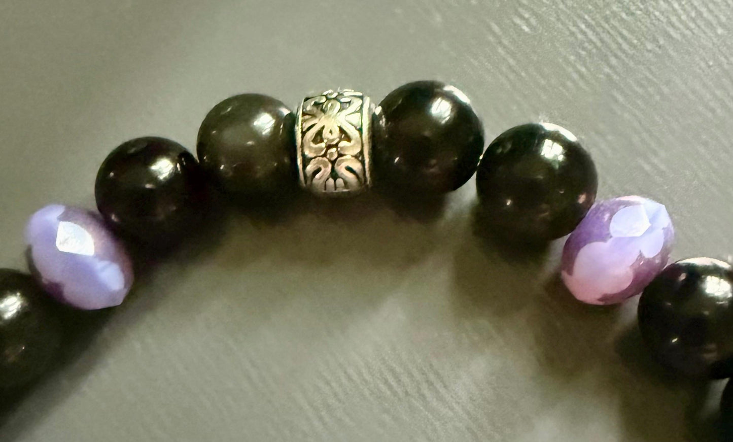 Hekate Bracelet with Black Obsidian Gemstones and Purple Iridescent Glass Beads.