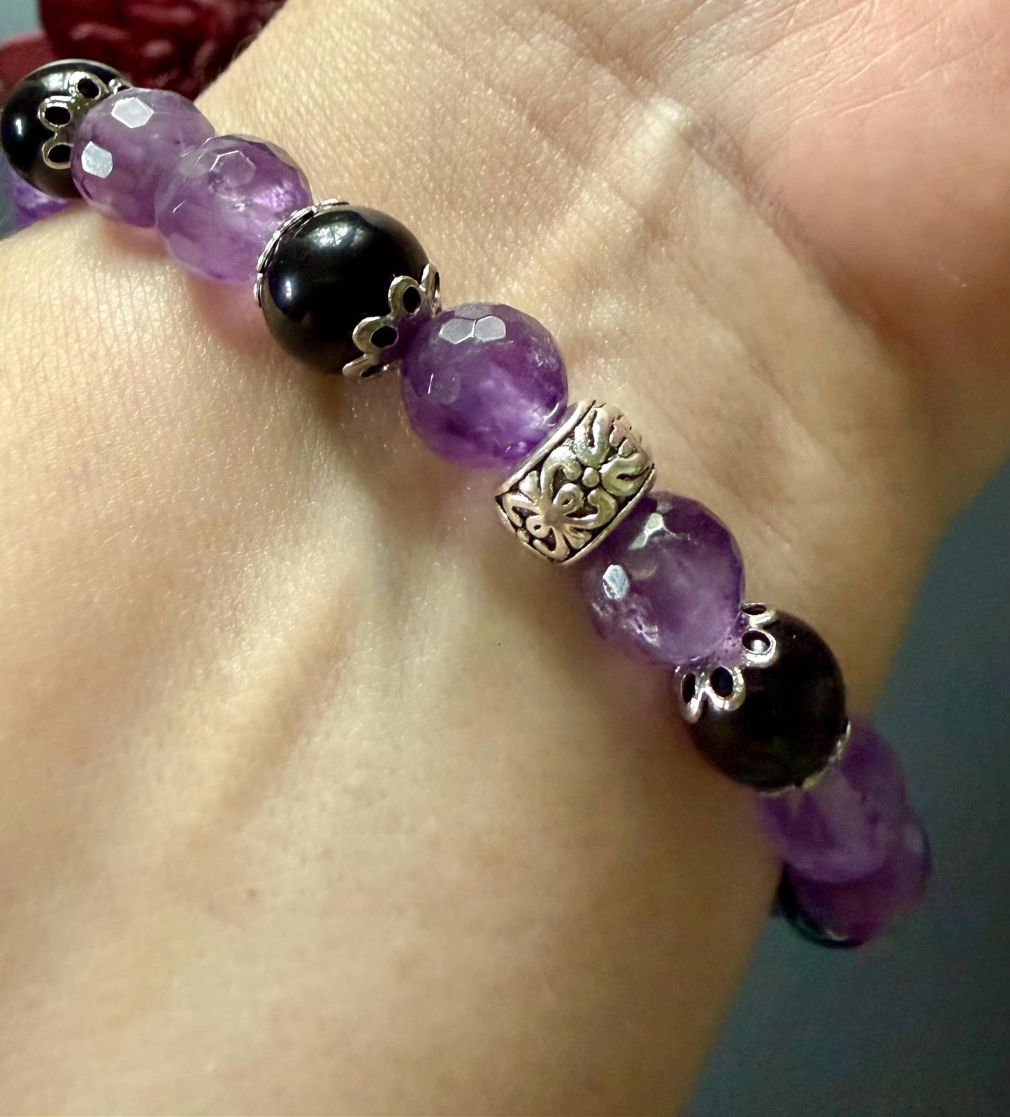 Hekate Devotional Bracelet with Amethyst and Black Obsidian Gemstones.