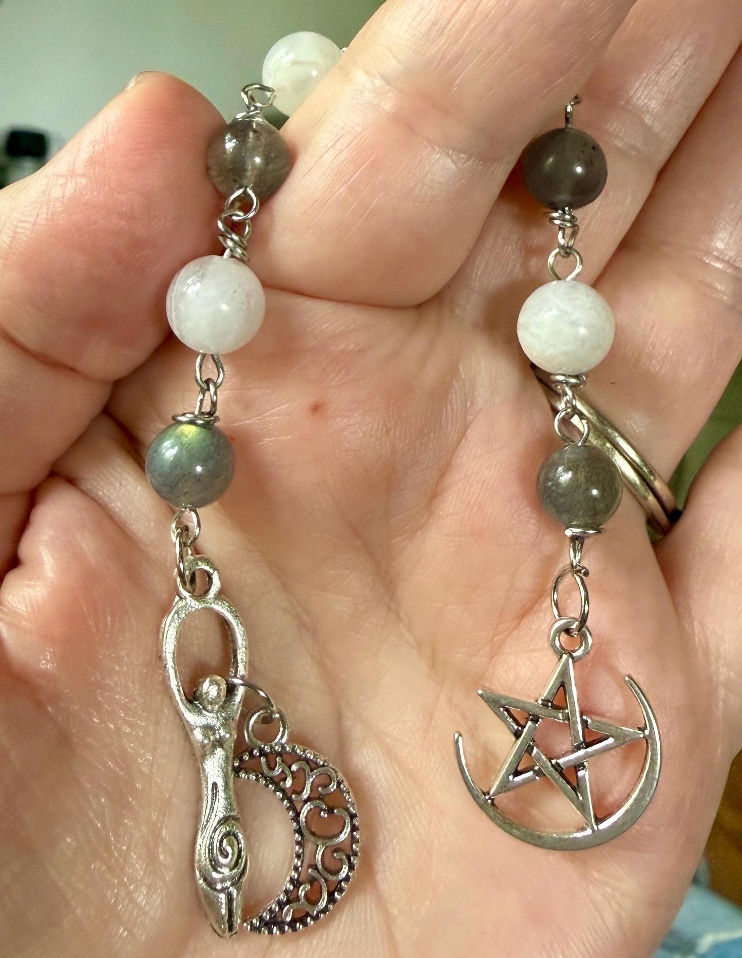 Labradorite Moonstone Pagan or Witchcraft Prayer Beads:  Pentacle,  Goddess, and Moon Charm.