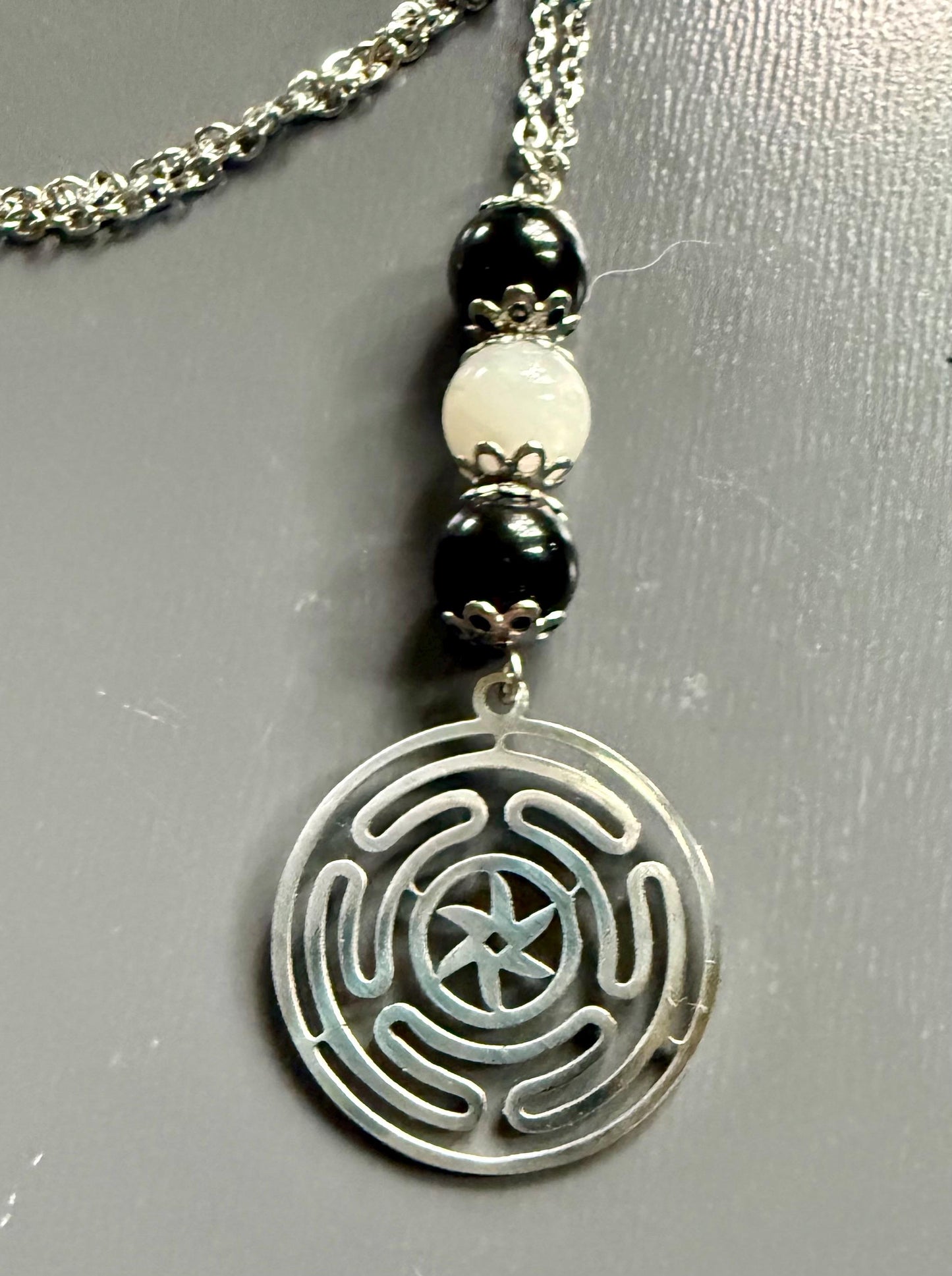 Goddess Hekate’s Wheel Pendant Necklace with Obsidian and Moonstone.
