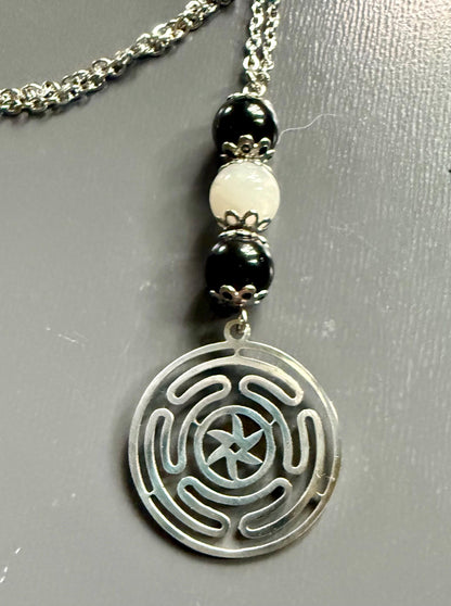 Goddess Hekate’s Wheel Pendant Necklace with Obsidian and Moonstone.